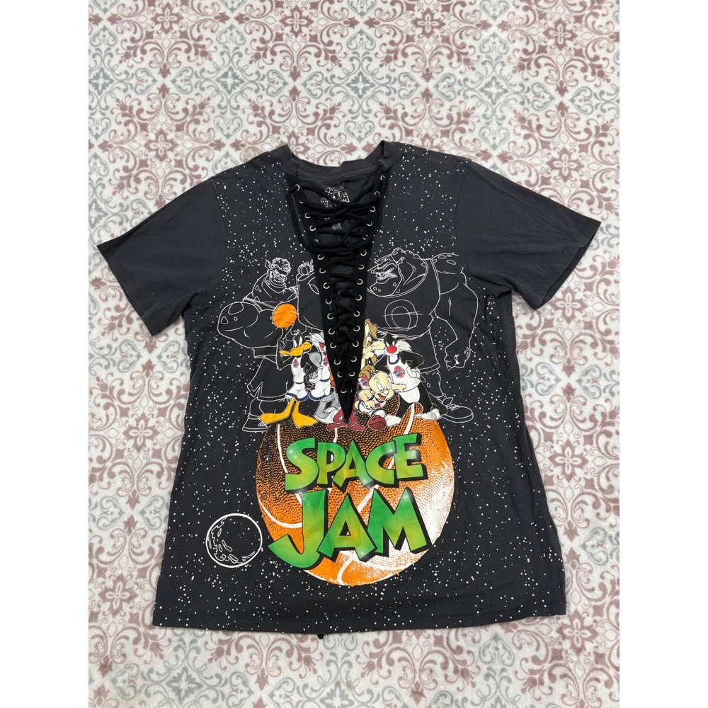 Space Jam Lace Up Graphic T-Shirt Black Looney Tunes Bugs Bunny Medium